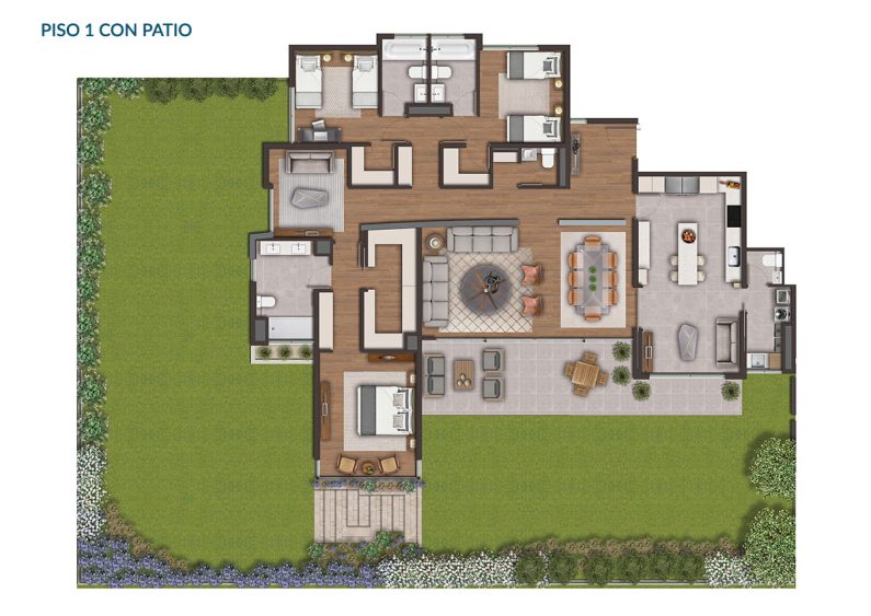 Planta Tipo B1:  3 Dormitorios en Suite + Estar + Patio Privado