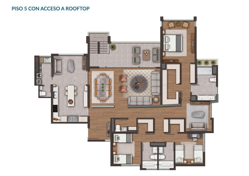 Planta Tipo B5: 3 Dormitorios en Suite + Estar + Rooftop