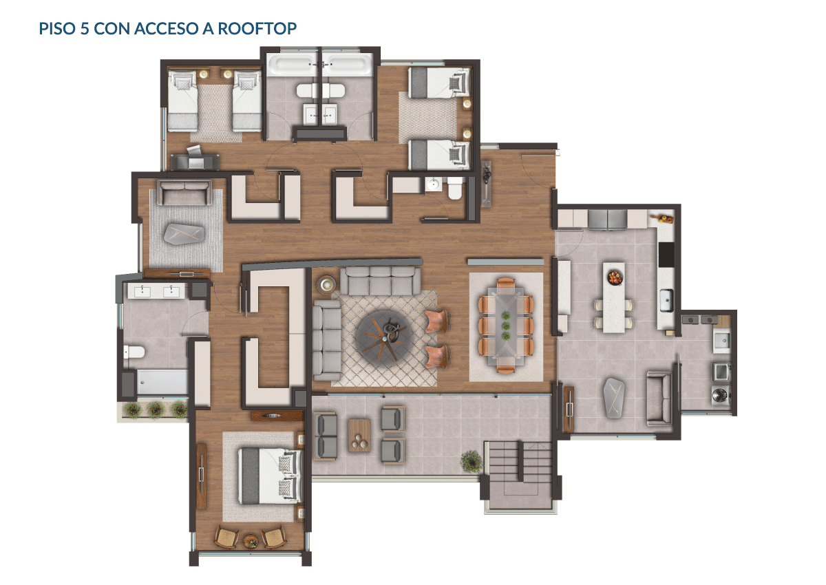 Piso 5 con acceso a rooftop Planta Tipo B5: 3 Dormitorios en Suite + Estar + Rooftop de Paseo Mirador San Carlos Etapa II