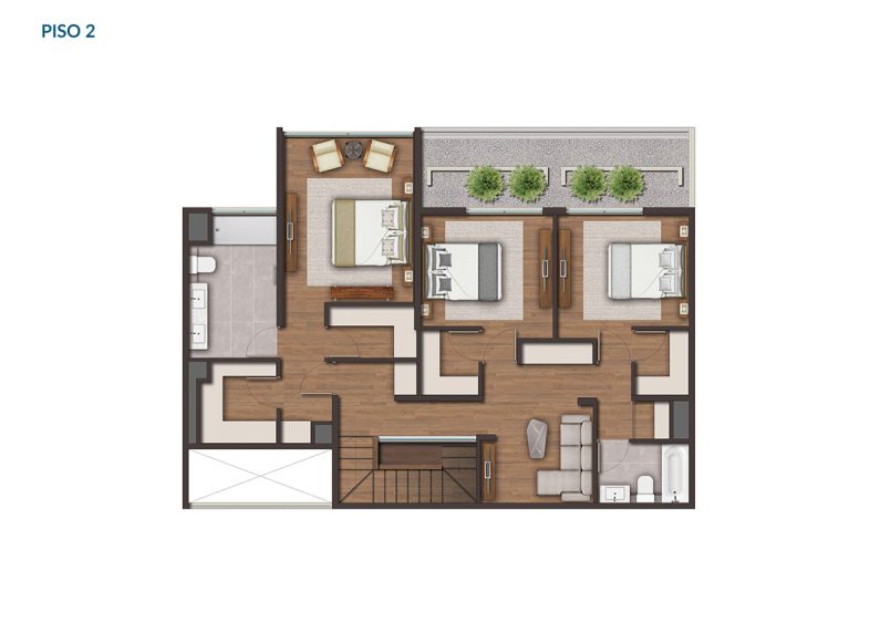 Planta Tipo C: 3 Dormitorios en Suite + Estar + Patio Privado