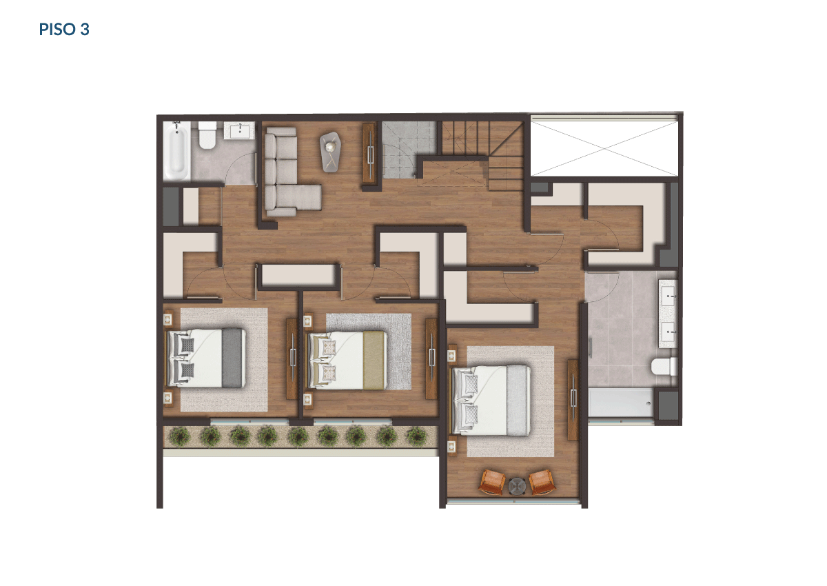 Piso 3 Planta Tipo D: 3 Dormitorios + Estar + Rooftop + Cocina integrada de Paseo Mirador San Carlos Etapa II