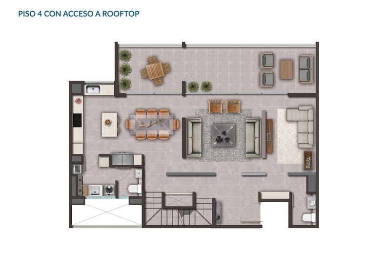 Planta Tipo D: 3 Dormitorios + Estar + Rooftop + Cocina integrada