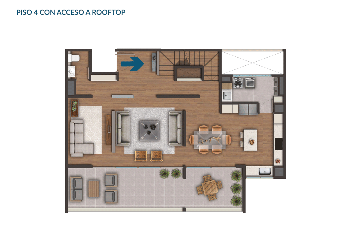 Piso 4 con acceso a Rooftop Planta Tipo D: 3 Dormitorios + Estar + Rooftop + Cocina integrada de Paseo Mirador San Carlos Etapa II