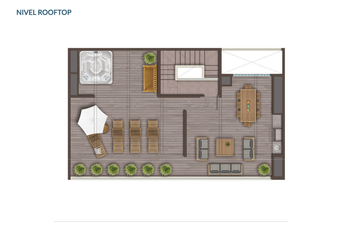 Nivel Rooftop Planta Tipo D: 3 Dormitorios + Estar + Rooftop + Cocina integrada de Paseo Mirador San Carlos Etapa II