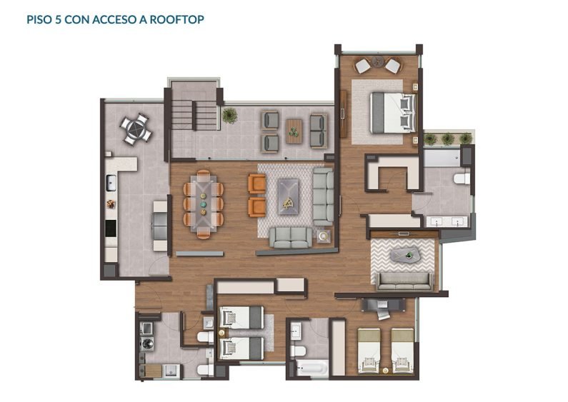 Planta Tipo A5: 3 Dormitorios + Estar + Rooftop