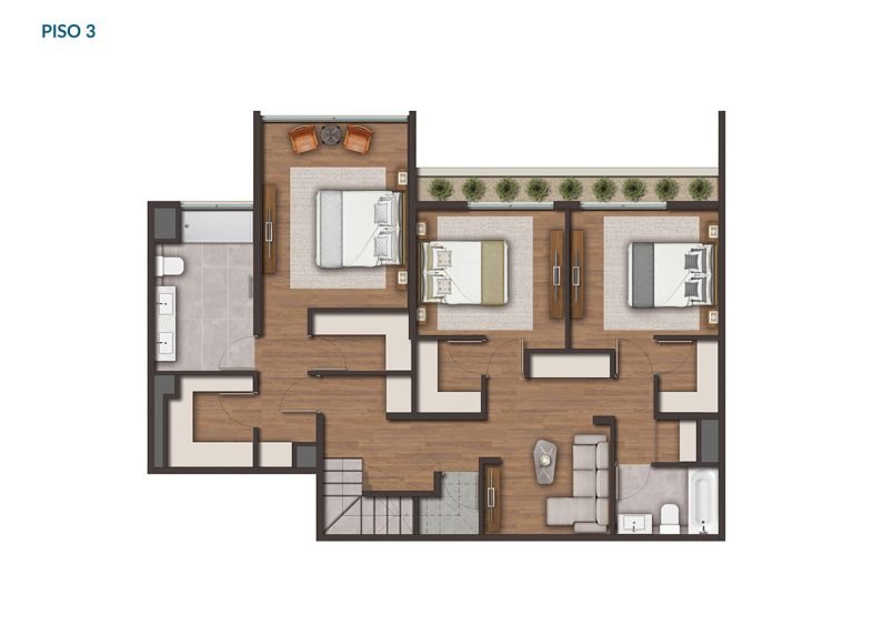 Planta Tipo D: 3 Dormitorios + Estar + Rooftop + Cocina integrada
