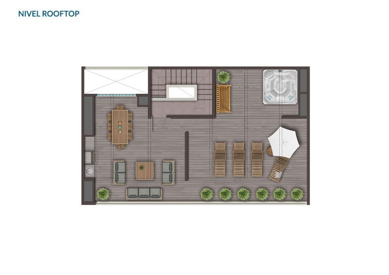 Planta Tipo D: 3 Dormitorios + Estar + Rooftop + Cocina integrada